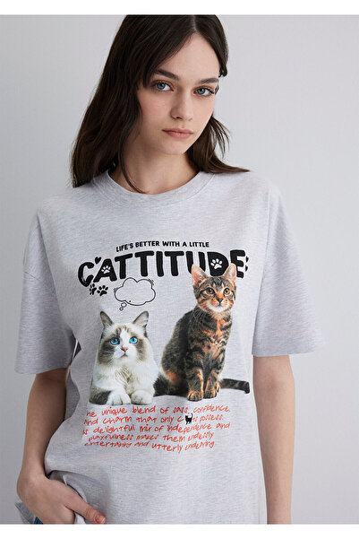 Mavi Cat Printed Gray T-Shirt Loose Fit / Loose Relaxed Cut 1613097 -88467