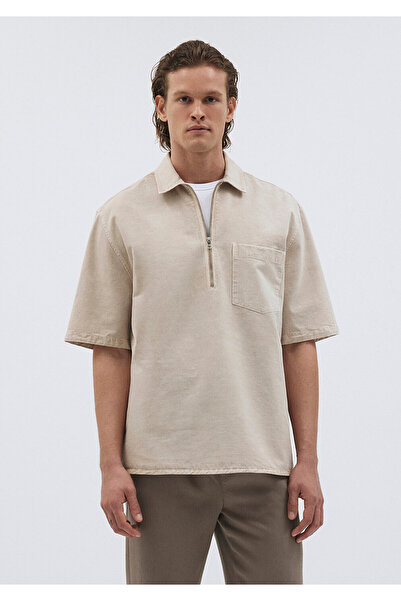 Mavi Keten Karışımlı Yarı Fermuarlı Polo Tişört Loose Fit / Bol Rahat Kesim 0211078-70074