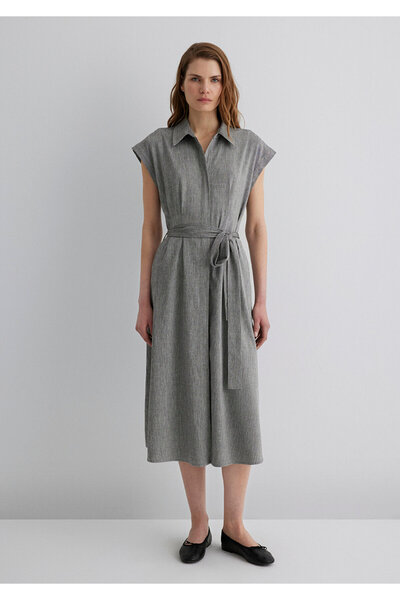 Mavi Keten Karışımlı Gri Elbise 1310510-87033