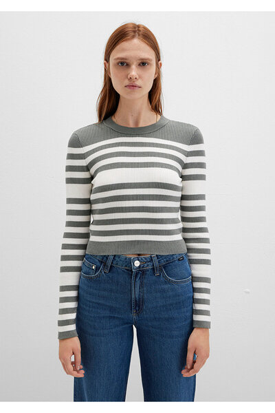 Mavi Crew Neck Striped Khaki Sweater Crop / Short Cut 1710521-87899