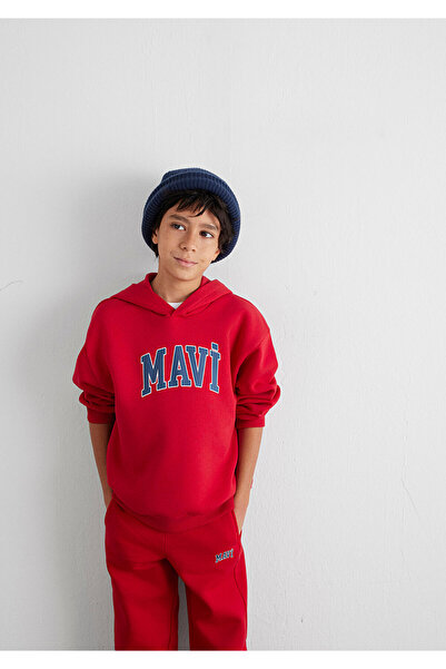 Mavi Logo Baskılı Kırmızı Kapüşonlu Sweatshirt 6610110-70464