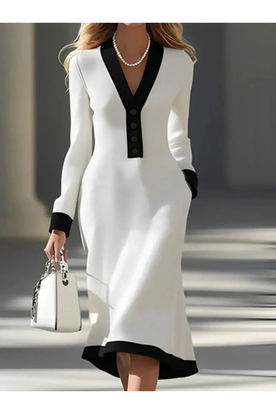 BÜŞRA TEZEL MODA Women's Long Sleeve V Neck Buttoned Midi Modal Dress