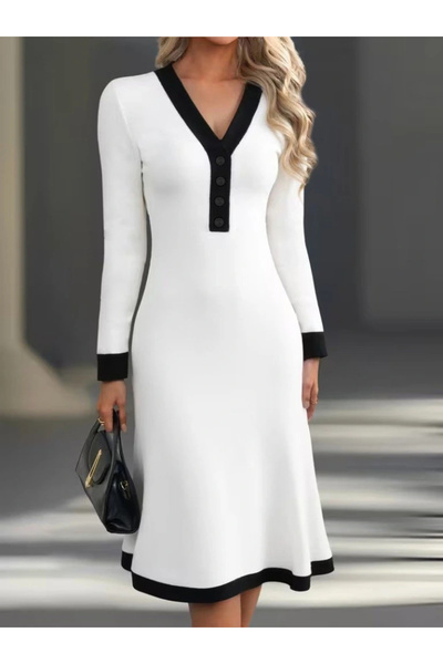 BÜŞRA TEZEL MODA Women's Long Sleeve V Neck Buttoned Midi Modal Dress