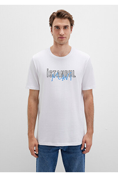Mavi Weißes T-Shirt mit normaler Passform und Istanbul-Aufdruck -067114-620
