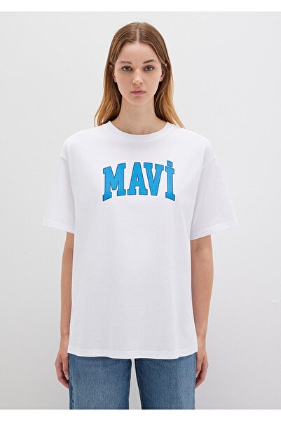 Mavi Tricou alb imprimat cu logo oversize / croi lat 1600843-70000