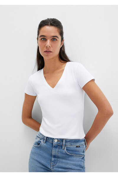 Mavi Bílé strečové tričko s výstřihem do V – Fitted Cut162769-620