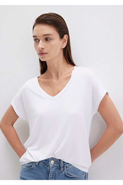 Mavi Weißes Basic-T-Shirt aus Viskose mit V-Ausschnitt, reguläre Passform 167714 -620