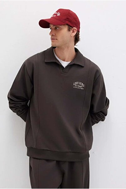 Mavi 0S10479-70219 Polo Neck Embroidered Men's Hooded Sweatshirt Brown