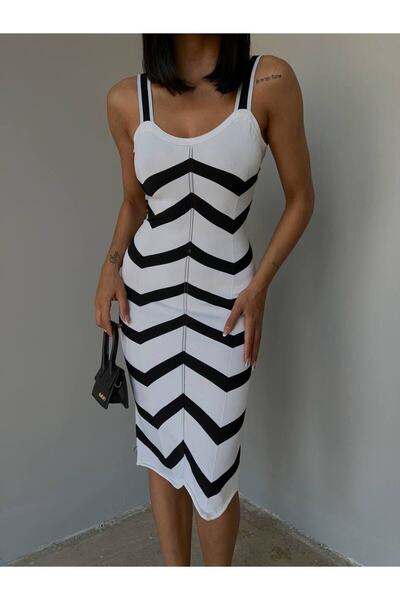 Esram Butik Triko Yazlık Elbise Midi Boy, Siyah Beyaz Desenli Elbise