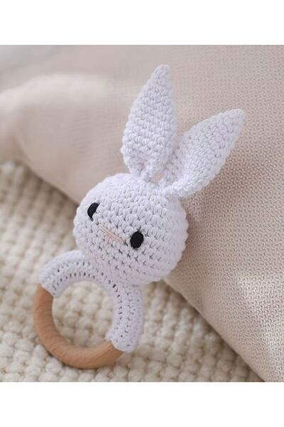 Pitikot Pitikot® Rattle and Teething Toy – Hand Crocheted Bunny with Wooden Ring