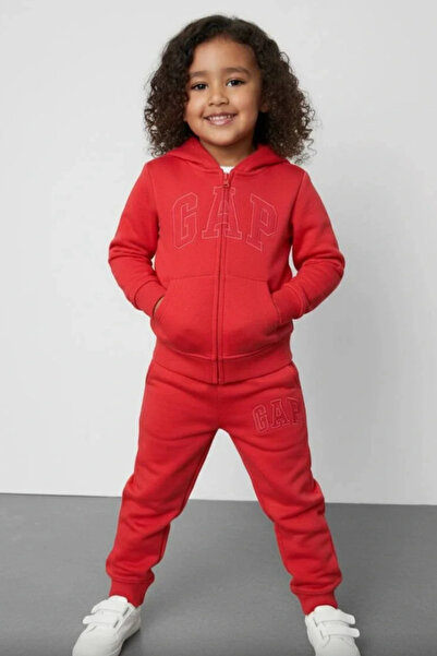 Kidmark Çocuk Modası Children's Unisex Hooded Brand Red 100% Cotton Bottom-Top Set