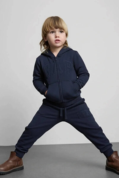 Kidmark Çocuk Modası Children's Unisex Hooded Brand Navy Blue 100% Cotton Bottom-Top Set