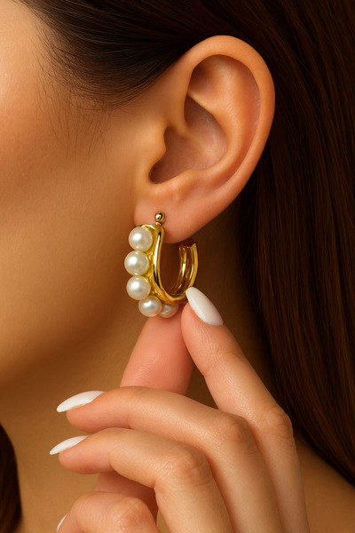 TuQos Altın Renk İncili Halka Küpe – Zarif ve Şık Tasarım | Günlük ve Özel Gü...