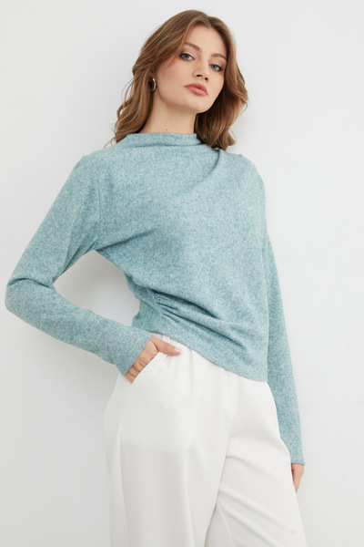 Fulla Moda High Neck Knit Blouse with Draped Sides