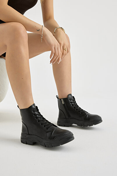 Tonny Black Women's Black Thick Thermo Sole Lace-Up and Zippered Casual Boots