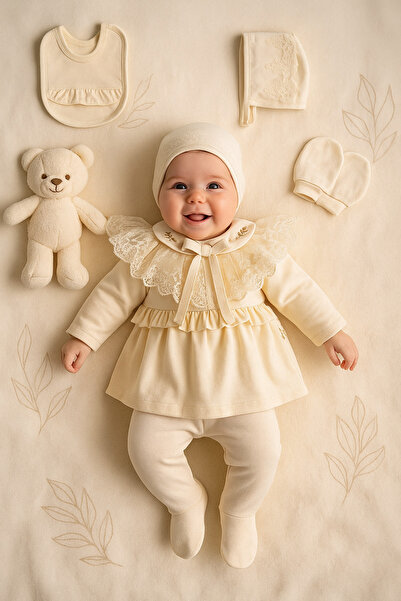 Ozz Baby Baby Girl Newborn 0-3 Months Mobile Lace-Collared 5-Piece Hospital Release Zibin Set