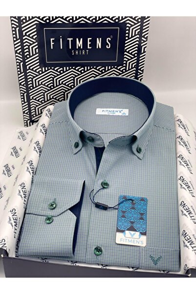 Fitmens قميص رجالي كلاسيكي بأكمام طويلة وياقة مربعة وأزرار مع صندوق هدايا FS-002273 - أخضر
