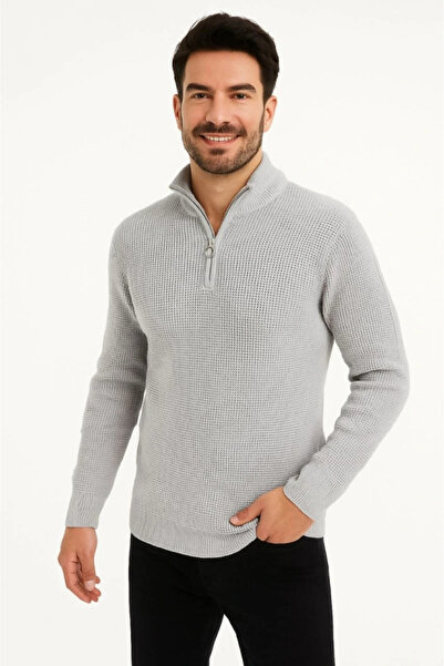 GökTR Men's Half-Zip Knit Sweater – Thessaloniki Knit, Stand Collar, Cotton Woven, Regular Fit Long Sleeve K