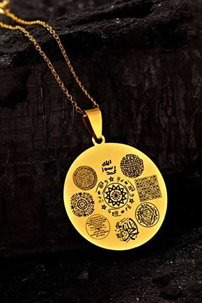 OSMANLI GÜMÜŞ 12 Prayerful Golden-Colored Steel Women's Necklaces Double-Sided Protective Armor, Celcelutiyeli, Nazar, Rufai Rose