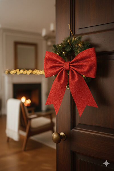 AMALFİ Kırmızı Simli Eva Fiyonk Dekor Yılbaşı Çam Ağacı Süs 25 X 25cm.