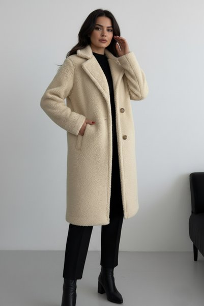 ALFUDO Moda Collection Kadın Astarlı Ceplı Peluş Kışlık Bej Kaban