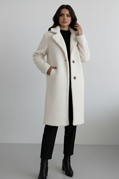 ALFUDO Moda Collection Women's Lined Pocketed Plush Winter Ecru Coat