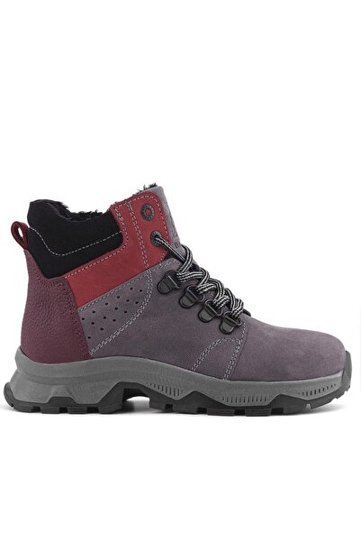 Rakerplus Genuine Leather Gray Claret Red Zippered Trekking Children's Boots