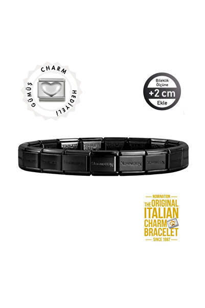 NOMİNATİON Orijinal İtalyan Charm Bileklik Kişiselleştirilebilir Siyah-Gümüş Kalp Charm Hediyeli Made in Italy
