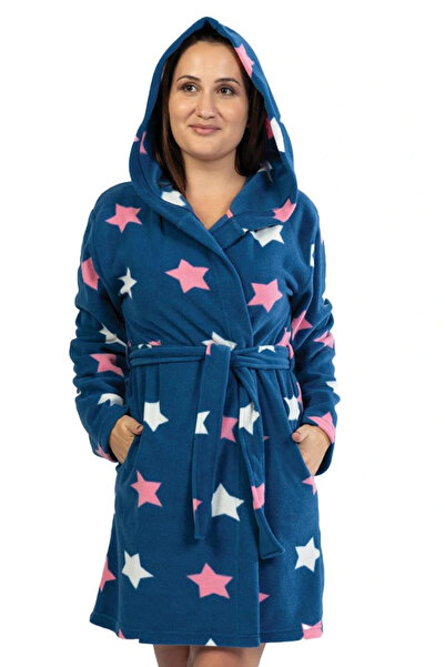 VİENETTA Kadın Büyük Beden Polar Kapüşonlu Kısa İndigo Sabahlık C9T7N1O301