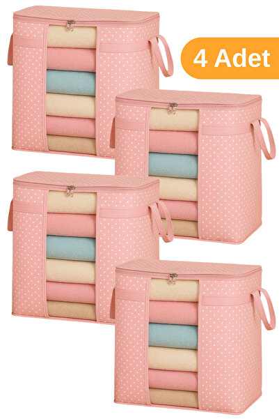 Serstil 4 Adet - Pencereli Saklama Çantası 50 X 45 X 30 Cm - Pembe Benekli