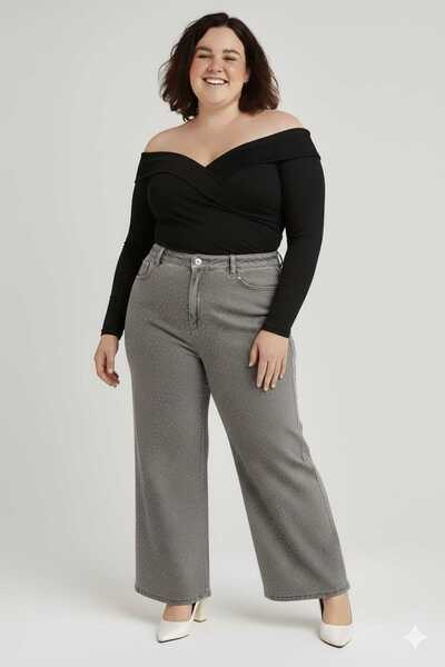 ELONİ Super Battal Large Size Wide Leg Stretch Fabric Stone Denim Pants