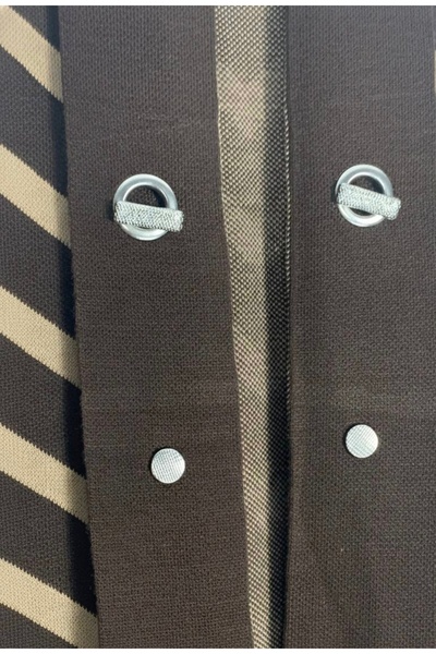 YusGos Women's Hijab Button Detailed Long Striped Cardigan Brown Standard