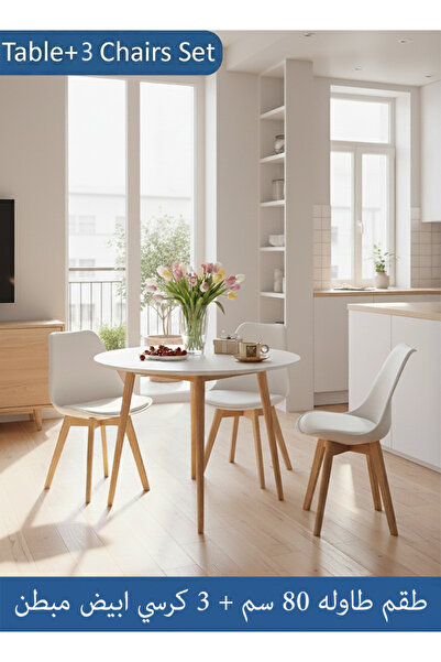 Taimi 4-Piece Dining Set, White Round Table 80x80x73cm with 3 Elegant White Chair Soft Padded Seats