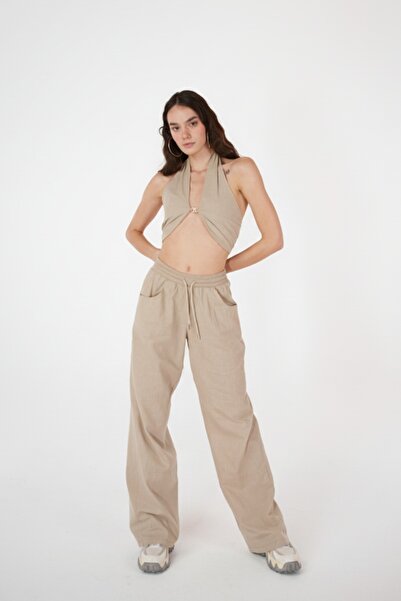 HOLLY LOLLY Koton Fabric Strap Loose Cut Rise Trousers Beige