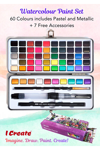 I Create مجموعة ألوان مائية | ٦٠ لونًا نابضًا بالحياة و٧ ملحقات