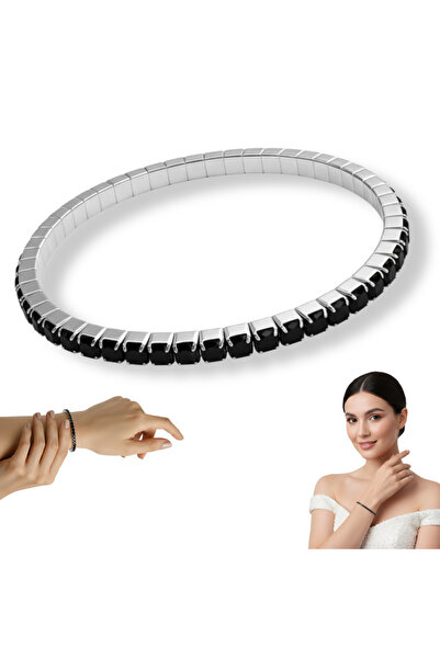 Sentivo Bratara Argint 925 placata cu Rodiu, Pietre Zirconiu Negre, Bratara Dama extensibila, perfecta cadou