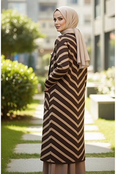 YusGos Women's Hijab Button Detailed Long Striped Cardigan Brown Standard