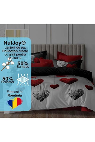 NufJoy Policotton Double Bed Linen Set 4 pcs - Red Cherry Hearts (230x250/200x230/50x70)