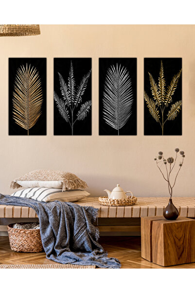 Evinemoda Gold Gümüş Yaprak Desen 4 Parçalı Mdf Tablo