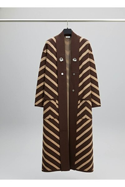 YusGos Women's Hijab Button Detailed Long Striped Cardigan Brown Standard