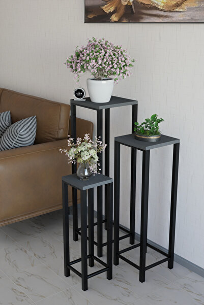 alpaevmobilya Modern 3'lü Metal Ayaklı Saksı Standı Dekoratif Saksılık Çok Amaçlı Yan Sehpa