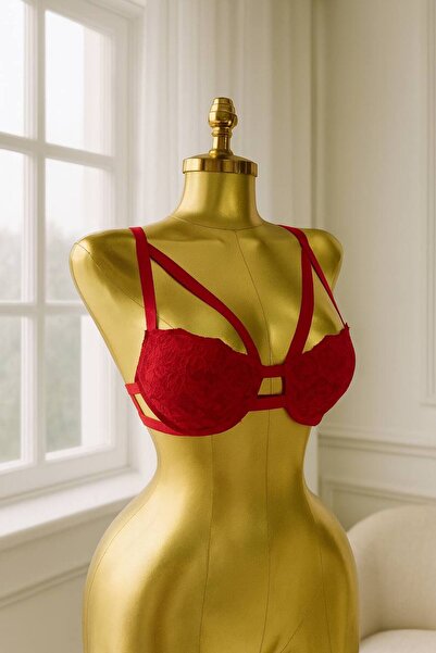 LİBELLA İÇ GİYİM Women's Red Lace Strappy Push-Up Bra & Panty 2-Piece Lingerie Set