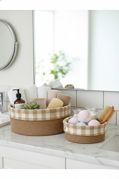 Genel Markalar 2'li Kahverengi Pötikareli Sepet - Mutfak Organizer Seti - Cot...