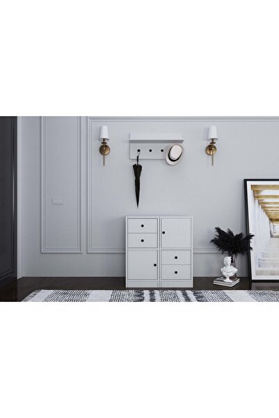 Nettrends Duvar Raflı Askılıklı Iki Kapaklı Dört Çekmeceli Beyaz Portmanto Çı...