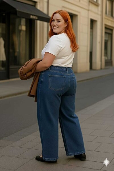ELONİ New Season - Premium Super Battal High Waist Flexible/Lycra Wide Leg Denim Pants-Medium Blue
