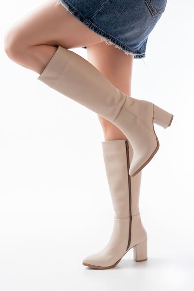 Zerenyus Zri̇n-4422 Premium Pointed Toe Beige Heeled Zippered Boots