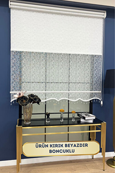 VOLPER MEKANİK VOLPER VP1870 Çift Mekanizmalı Taşlı Desen Tül ve Stor Perde Kırık Beyaz (BONCUKLU)