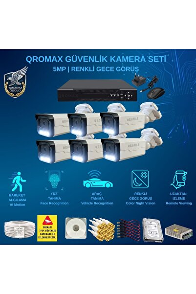 qromax 6 Kameralı Set - Yapay Zeka Özellikli Gece Renkli Gösteren 1080p Güven...