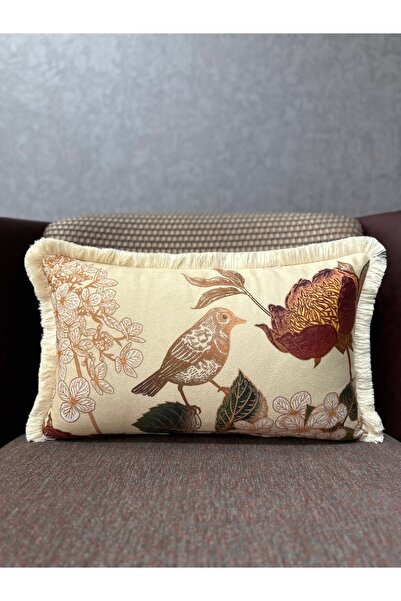 Fabricland İthal İpek Kadife Krem Zemin Dikdörtgen Klasik Kuşlu PÜSKÜLLÜ KIRL...