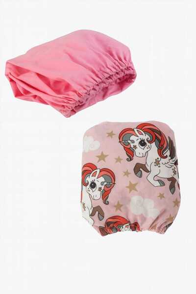 Bebek Özel Cotton Children's Fitted Sheet 90x190 (2 Pieces) Pink And Unicorn